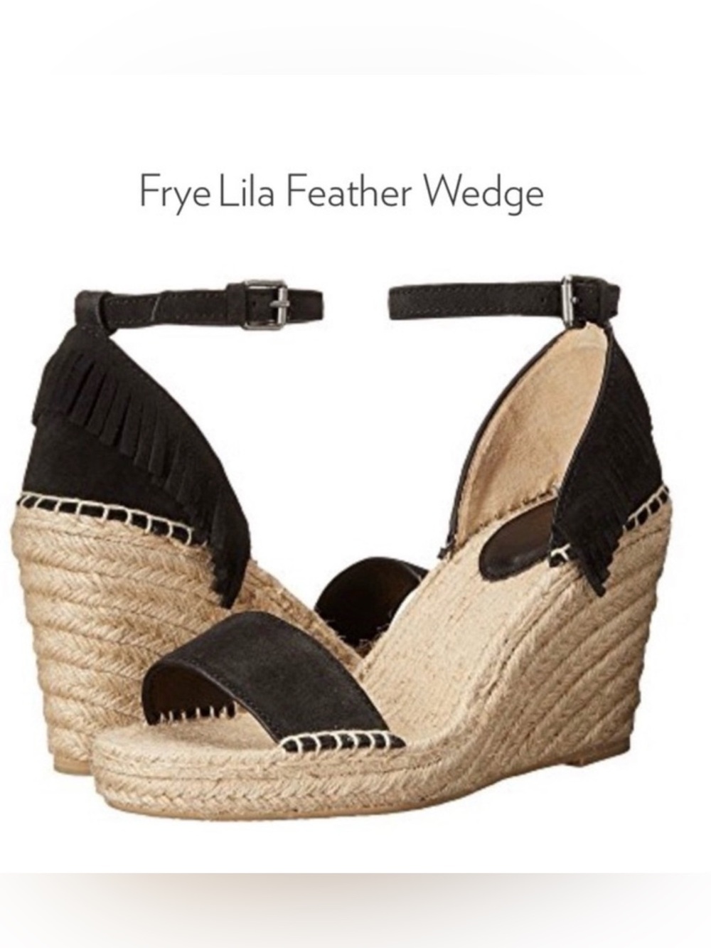 Frye Lila Feather Wedge Sandal in Black and Natural/ Western Fringe Details